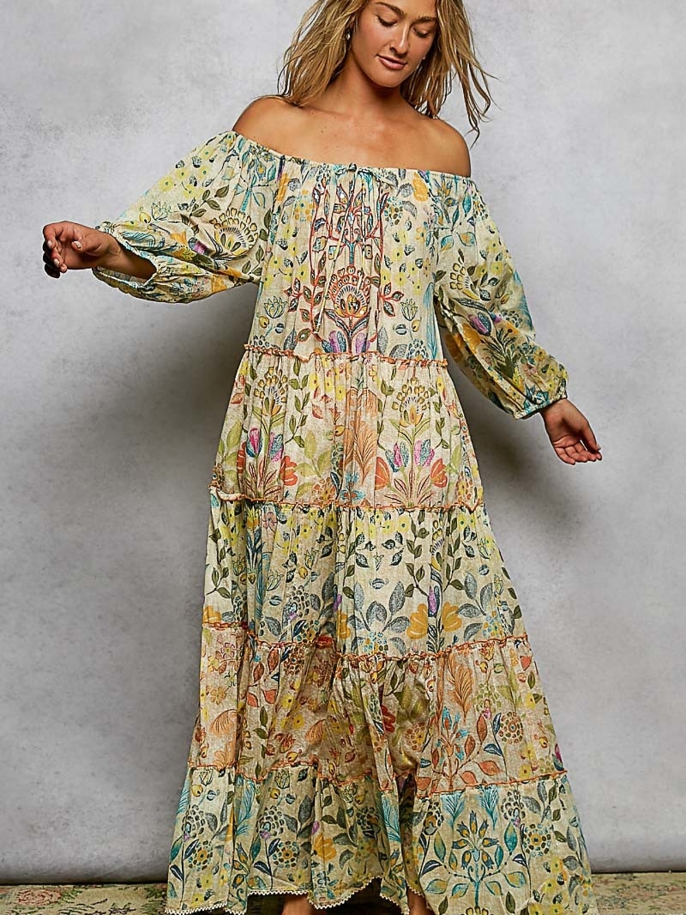 POL Off-Shoulder Floral Tiered Maxi Dress In Yellow Multi Color